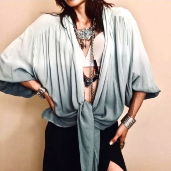 Young Fabulous & Broke  Tie Dye Carmen Blouse Tie Front Gradient Gree  Sz M - Picture 1 of 10